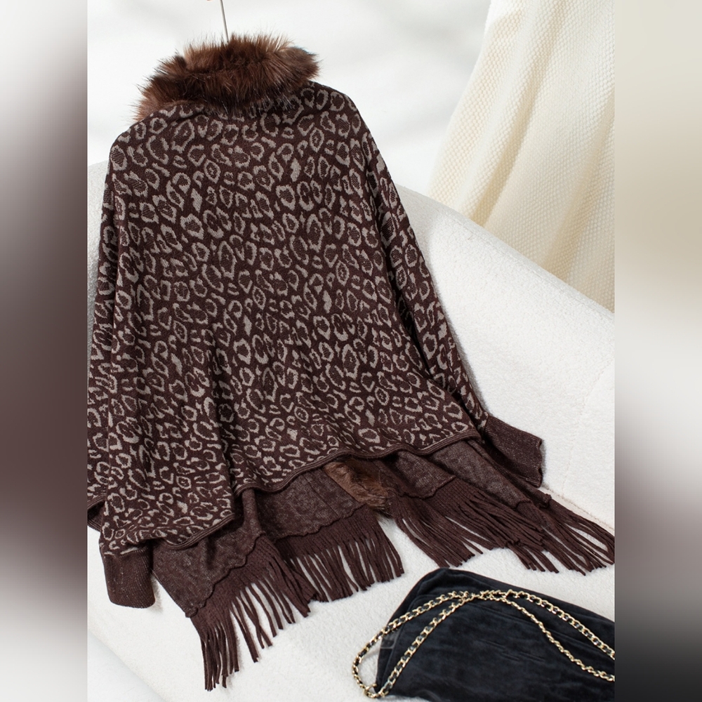 Plush Faux Fur Leopard Retro Fringe Boho Oversized Poncho Knit Cardigan Jacket - Picture 5 of 16